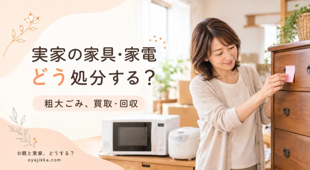 電子レンジや炊飯器の横で、実家のタンスに付箋を貼って仕分ける40代女性