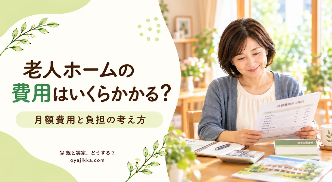 老人ホームの月額費用の明細を見ながら、電卓と通帳で負担を確認する女性